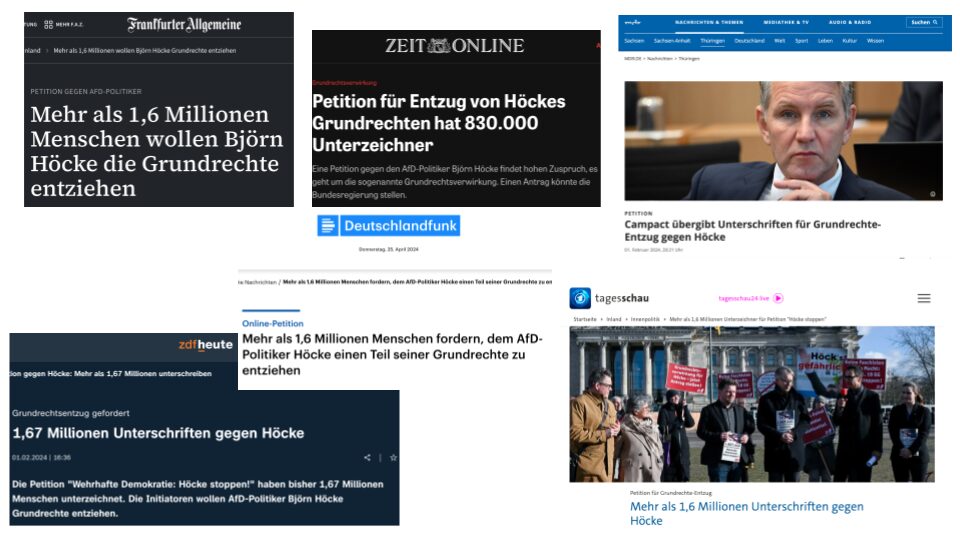 Die bisher größte WeAct-Petition startete Indra Ghosh gegen Björn Höcke: 1,7 Millionen Menschen forderten, dem AfD-Politiker die Grundrechte zu entziehen – und sorgten damit für über 1.000 Medienberichte.