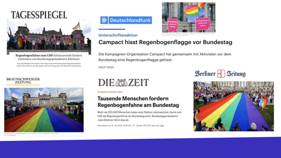Kira Bönisch forderte: Schluss mit der Diskriminierung queerer Menschen – nachdem Bundestagspräsidentin Julia Klöckner (CDU) entschied, keine Regenbogenflagge mehr zum CSD zu hissen. Die Petition erzielte fast 100 Medientreffer, als Aktivist*innen eine 400 m² große Regenbogenflagge vor dem Reichstag ausrollten.