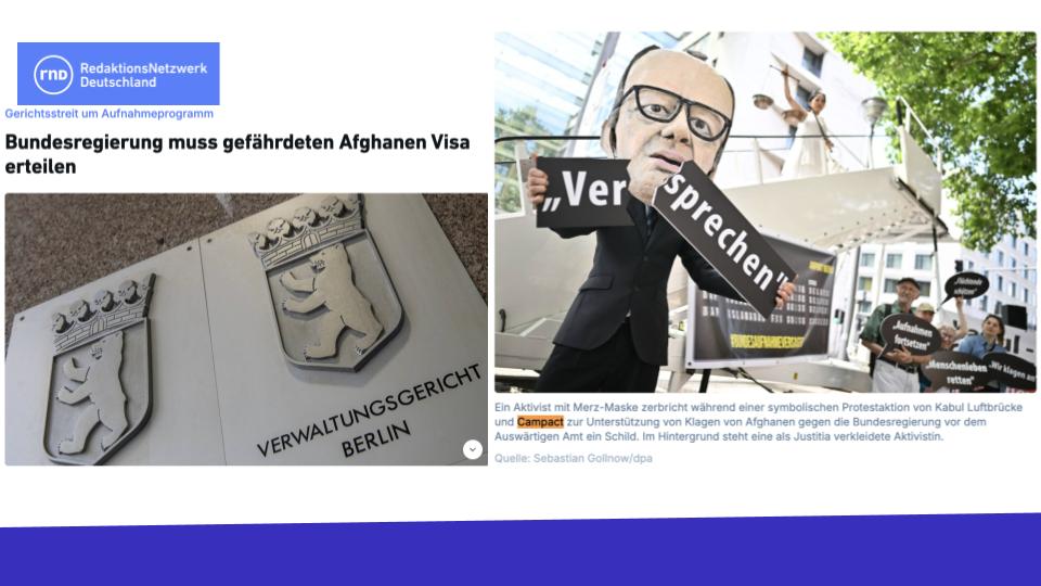 Die Kabul Luftbrücke forderte mit einer Bildaktion: Deutschland muss sein Schutzversprechen einlösen und Afghaninnen mit gültiger Aufnahmezusage aufnehmen. Die dpa griff die Petition auf, und 76 Medien berichteten über den juristischen Erfolg.